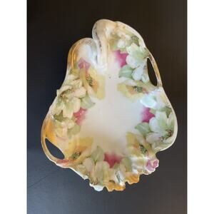 Trinket Nut Dish Gold Mark 18 Hand Painted Pink Yellow Wild Roses Old Victorian